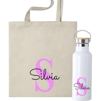Pack de Botella Lechera de 750ml y Bolsa de Tela Personalizadas, Diseño con Inicial, Nombre y dedicatoria