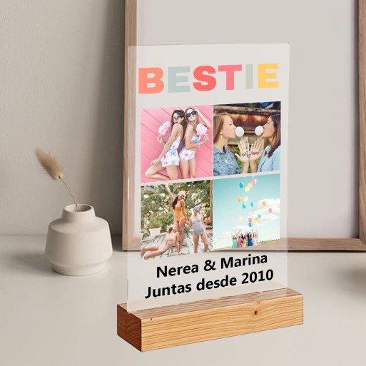 Lámina de Metacrilato con Base de Madera Personalizada "Bestie" con Fotos