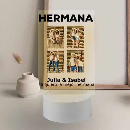 Lámpara con Base LED Personalizada "HERMANA" con 4 Fotos