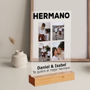 Lámina de Metacrilato con Base de Madera Personaizada "HERMANO" con 4 Fotos