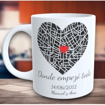 Taza de Cerámica Personalizada de Mapa en Forma de Corazon y Texto