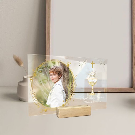Lámina de Metacrilato con Base de Madera Personalizada "Comunión"